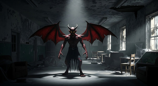A winged demon standing in a dilapidated room with broken windows and scattered furniture inside a building