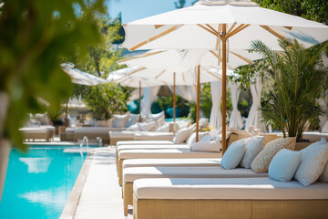 Fototapeta premium Poolside with empty sunbeds