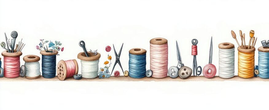 Row of colorful spools of thread with sewing tools, buttons, small flowers, scissors, and paintbrushes arranged on a white background evoking creativity and craft