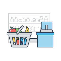 A professional flat design icon for a mini market. A shopping basket filled with colorful groceries is seamlessly connected to a cashier counter, symbolizing the complete and efficient flow of a shopp