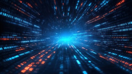 Digital tunnel with glowing blue and orange binary code streams converging toward a bright central light, evoking motion and futuristic technology