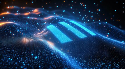 Futuristic digital wave landscape with glowing blue binary bars and scattered particles creating a vibrant technological atmosphere