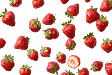 Falling strawberries create a playful scene on a transparent background during a vibrant and lively fruit display