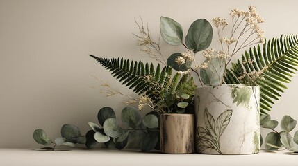 Modern 3D product stand with smooth matte surface, decorated with eucalyptus and fern leaves, light cream background, calm and clean composition, cinematic lighting, hyper-realistic quality