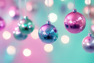 Shiny christmas ornaments in pastel colors against a blurred background.