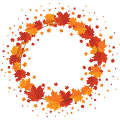 Autumn frame with leaves of maple isolated on white background. Round frame made of leaves.