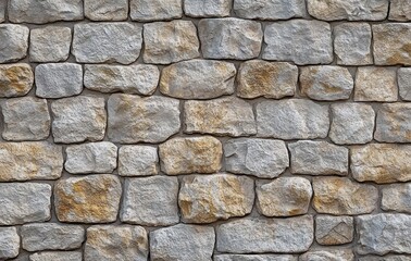 Close-up view of a rustic stone wall made of irregular rectangular and square stones with mortar in between, showing natural textures and weathered colors