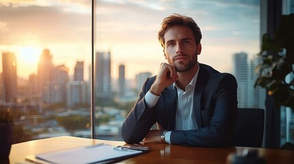 Thoughtful young businessman sitting at desk with city skyline and sunset in background, contemplative expression reflecting professionalism and calm
