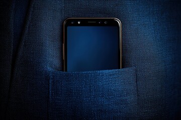 Black smartphone partially tucked inside the chest pocket of a dark blue textured fabric jacket under moody lighting