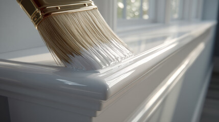 A contractor's paintbrush brushing glossy white paint onto wooden trim. White wood painting with a brush and white paint. Do it yourself concept. Home decor, color change, diy concept. 3d illustration