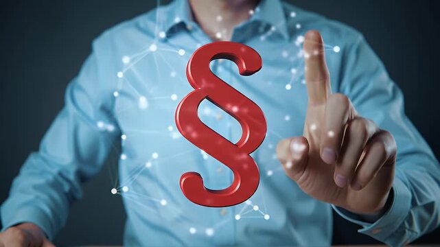 Man In Blue Shirt Points To 3D Paragraph Symbol Against Dark Background with Light Streaks Represents Legal And Compliance Issues