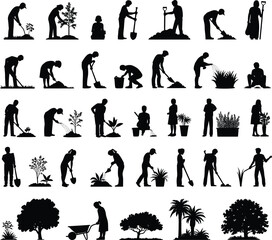 Silhouette people gardening, planting trees, watering plants, farming activities, flat vector illustration, black human figures, outdoor work, agriculture poses, nature care