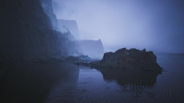 A serene twilight view of rugged cliffs shrouded in mist, reflecting in the still waters below. The atmosphere is tranquil, evoking a sense of mystery and solitude.