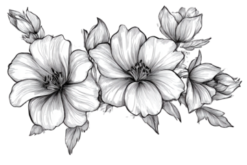 Black and white floral sketch displaying intricate details of blooms and leaves in a clean design suitable for various artistic applications