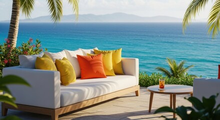 Relaxing Outdoor Lounge Sofa with Colorful Cushions Overlooking Ocean View