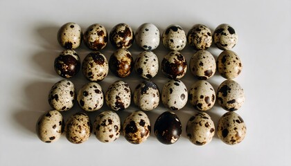 Obraz premium Quail Eggs: Close-up of a meticulously arranged collection of quail eggs, each adorned with unique speckled patterns and delicate hues.