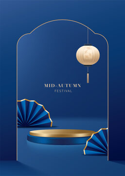 Mid-autumn festival poster for product display platform. Blue pedestal or podium with lantern and folding fans on blue background.