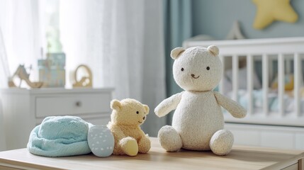 14.Light wooden table in a stylish nursery, modern baby room interior with delicate decorations, plush toys, and a calming color palette
