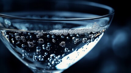 87.Close-up of a crystal-clear champagne coupe, mysterious floating bubbles forming abstract shapes, dramatic contrast against a dark and moody backdrop