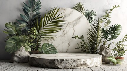 3D product display podium, round marble platform with subtle veins, surrounded by artfully arranged tropical leaves, pure white seamless background, minimal and elegant style, soft natural light