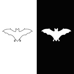 small bat icon line art and sihlouette vector illustration on black and white background