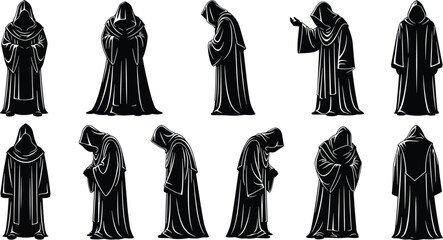 Hooded cloaked monk silhouettes, dark mysterious robed figures, medieval fantasy cult characters, gothic illustration, secret society artwork, occult mysterious hooded people