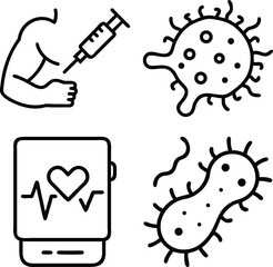 A collection of four simple medical illustrations including a vaccine injection, a bacterium, a smartwatch displaying a heart rate, and a virus.
