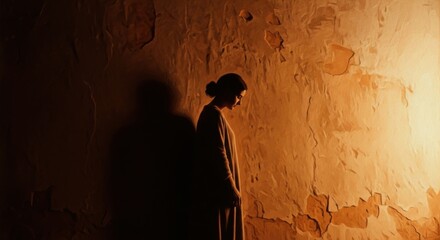Silhouette Woman Standing in Dimly Lit Rustic Wall Scene