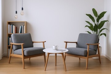 Modern Living Room Setup with Two Comfortable Armchairs, a Coffee Table, and a Bookshelf, Evoking a Sense of Calm Relaxation