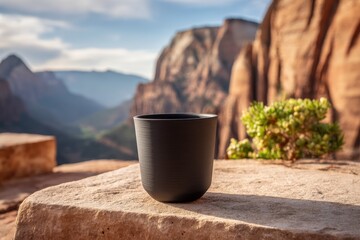 Obraz premium A black mug sits on a rock overlooking a mountain vista.