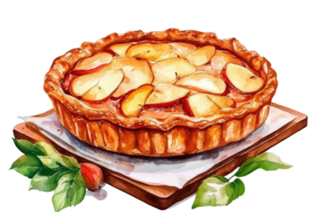 Homemade apple pie with a flaky crust and fresh apple slices, presented on a rustic wooden board with green leaves