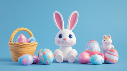 2.Whimsical Easter icon collection with sculpted 3D elements, including pastel eggs, decorative baskets, and cute rabbits, vibrant holiday celebration theme