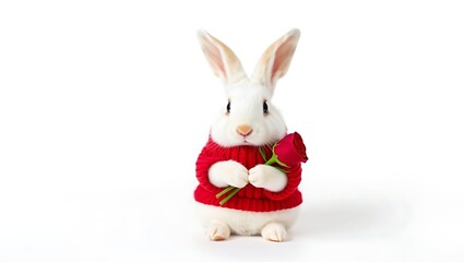 Obraz premium A white bunny in a red sweater holding a red rose on a white background in a studio setting cute animal