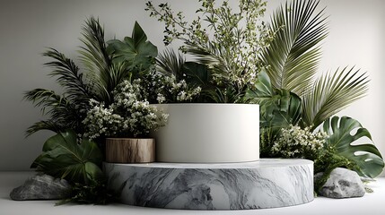 Two-tier podium for luxury product display, glossy ceramic finish, surrounded by tropical foliage, neutral white background, high-resolution 3D render, professional studio lighting