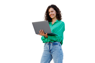 Fototapeta premium Curly-haired woman wearing green shirt, beaming while gripping laptop against transparent backdrop