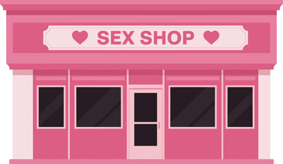Flat vector illustration of pink sex shop exterior, erotic store building facade, adult retail shop design, modern romantic storefront style