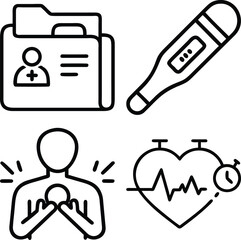 A collection of four simple line art icons illustrating medical concepts: a patient file, a thermometer, chest pain, and a heart rate monitor.