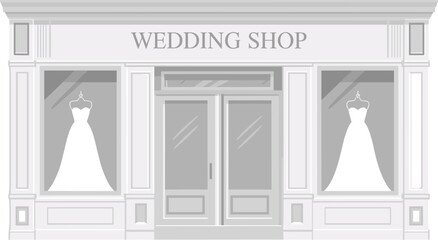 Grayscale flat illustration of a classic wedding shop with bridal gowns in display windows, elegant storefront design for branding use