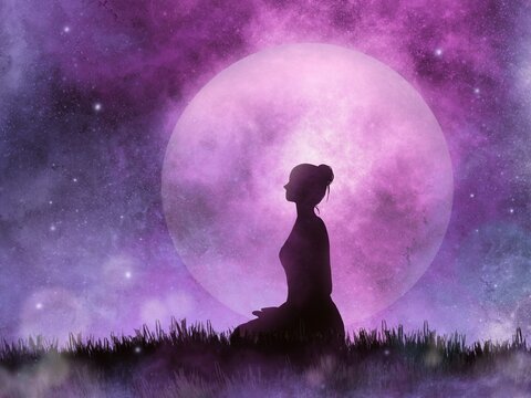 Silhouette of a woman meditating, meditation and a peaceful state of mind.
