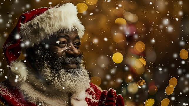 African American man dressed as Santa Claus, smiling warmly with snowflakes falling around him, creating a festive atmosphere filled with colorful bokeh lights and holiday spirit