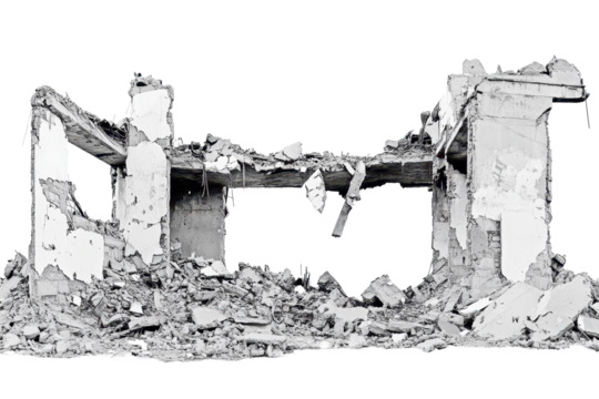 Remains of destruction with a panoramic view of remnants from a collapsed structure in Is, showcasing the impact of devastation on the landscape