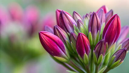 Fototapeta premium Purple-red flower buds on green bokeh background