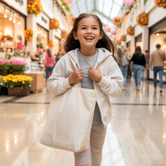 Young girl wearing casual outfit, happily walking in shopping center, mall with blank shopping bag. Youth model with canvas tote bag mockup