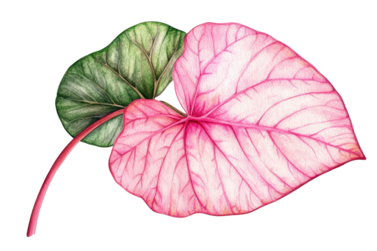 Vibrant pink caladium leaf with green accents showcasing tropical beauty in a lush garden setting
