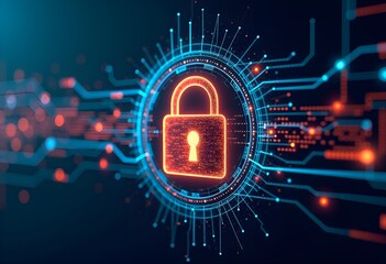 digital lock protecting flowing stream of glowing data lines and numbers, on dark background, concept of cybersecurity and data protection