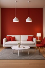 Modern Living Room with Cream Sofa, Red Accents, and Contemporary Pendant Lights Creating a Warm Ambiance