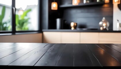 Empty Wooden table top with blurred background of minimalist kitchen bench.
