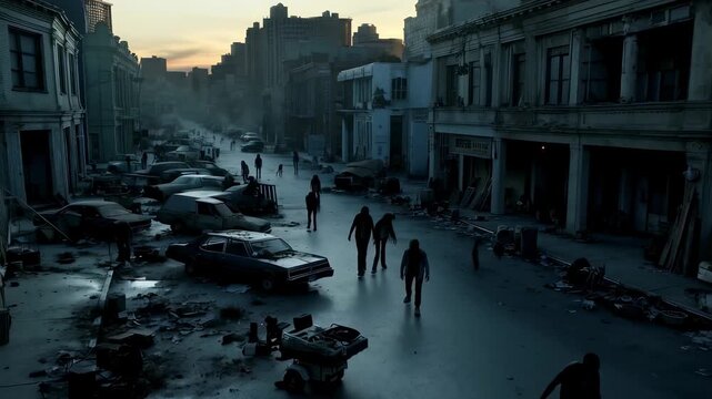 Group of people walk down street in city with lot of abandoned cars and buildings. Silhouettes of zombies walk through streets of abandoned cities. Zombie apocalypse