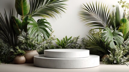 Two-tier podium for luxury product display, glossy ceramic finish, surrounded by tropical foliage, neutral white background, high-resolution 3D render, professional studio lighting