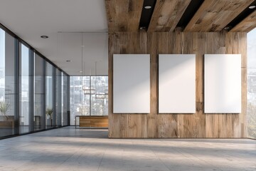 Modern office space with large windows and wooden accents